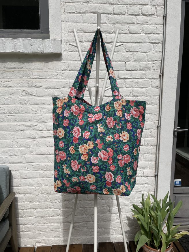 Tote bag upcyclé grand format coton fleurs vert