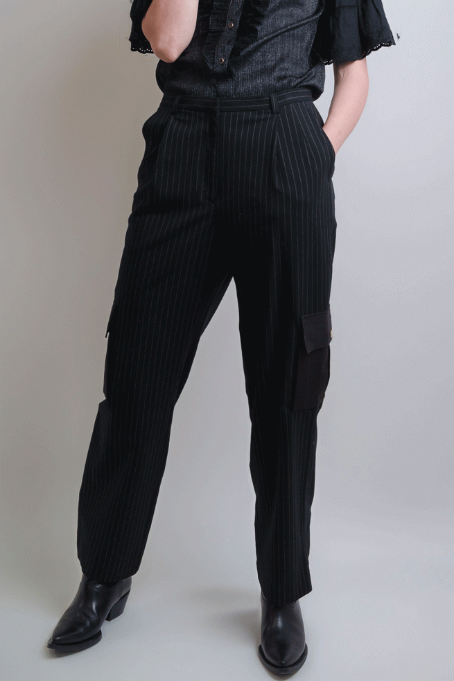 Pantalon de ville cargo noir à rayures